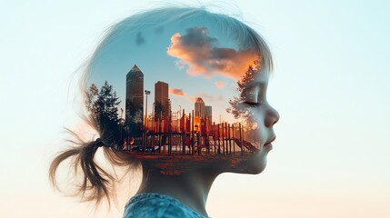 A creative double exposure of a child's profile with a vibrant city skyline at sunset, symbolizing imagination and dreams.