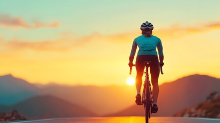 A cyclist rides into a vibrant sunset, exploring scenic mountain roads, capturing the essence of freedom and adventure.