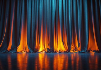 Closed stage curtains with dramatic lighting from below, creating a sense of anticipation and mystery