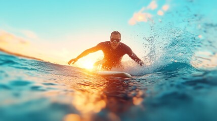A surfer rides the waves at sunset, capturing the thrill of water sports and the beauty of nature.