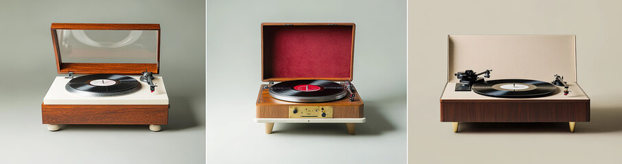 Fototapeta premium istinct styles of vinyl record players: vintage white plastic turntable with wooden base and red velvet cover, classic brown wood-grained model with cream-colored paint and brass accents,