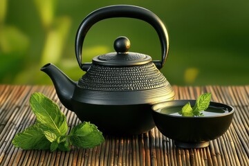Black cast iron teapot with mint and green tea on a green fuzzy background