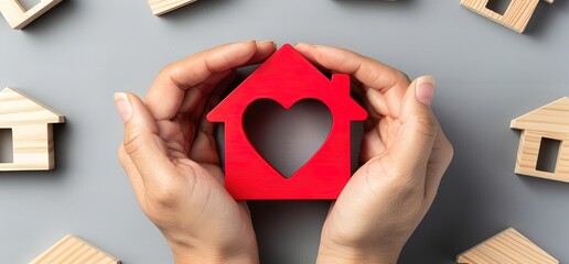 Hands holding a red wooden house with a heart cutout, surrounded by smaller houses. Concept of home, love, family, and real estate.