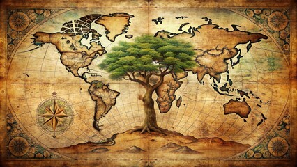 Naklejka premium A majestic tree stands tall in the center of a vintage map, surrounded by old roads and faded geographical markings, evoking a sense of adventure.