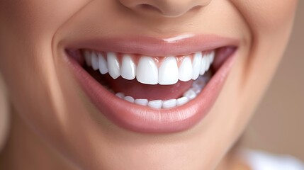 Naklejka premium Close-up of a woman's smile with perfectly white and bright teeth for highlighting dental care and oral hygiene importance in achieving healthy confident smile concept.