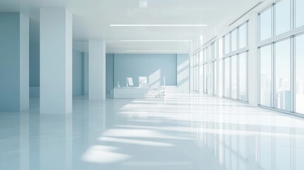 Modern open space room office interior design on white and blue color tone