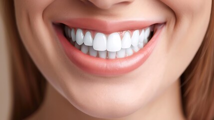 Obraz premium Close-up of a woman's beautiful smile revealing bright white teeth. The image embodies joy, health, and confidence, highlighting the importance of dental care.
