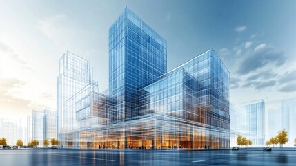 Fototapeta premium Modern glass building with wireframe design.