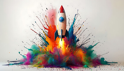 Creative space rocket exploded with colorful paints and splashes on a white background. Creativity thinking concept