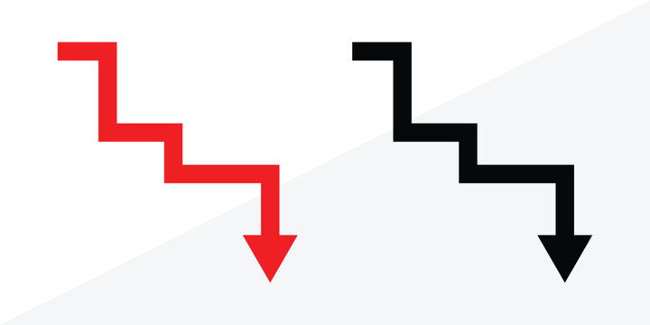 Business share market downfall red arrow. Businessman stick figure character downfall by dollar coin and decrease arrow chart. Business failure, investment loss or market crash crisis in eps 10.