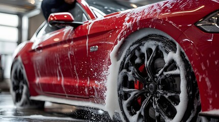 Red sports car being washed with white foam