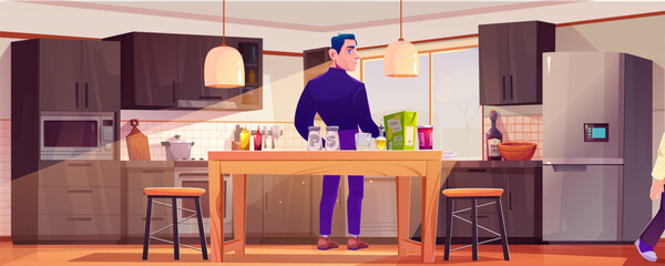 Man cooking in modern kitchen. Vector cartoon illustration of male character preparing food at home, father making meal for family, breakfast ingredients, oil bottle and seasoning packages on table