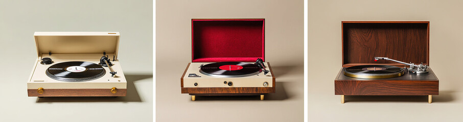 Fototapeta premium Varied vinyl record players: vintage white turntable with wooden base and red velvet cover, classic brown wood-grained model with cream finish and brass details, and an elegant beige record cabinet wi