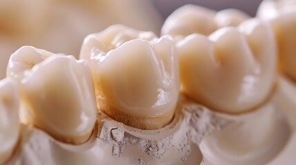 Close-up of three dental crowns showcasing a natural-looking appearance. The crowns are arranged on a dental model, emphasizing the meticulous detail and artistry involved in modern dentistry.