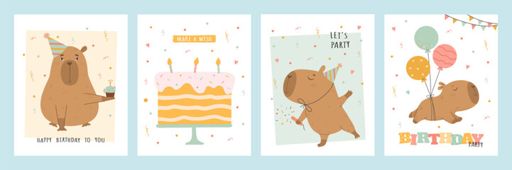 Birthday card set with capybara, cake and balloons
