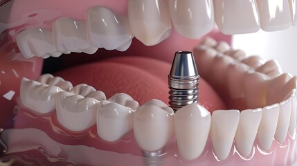 Close-up view of a dental implant, showing the titanium screw inserted into the jaw bone. This image depicts the process of tooth replacement and restoration.