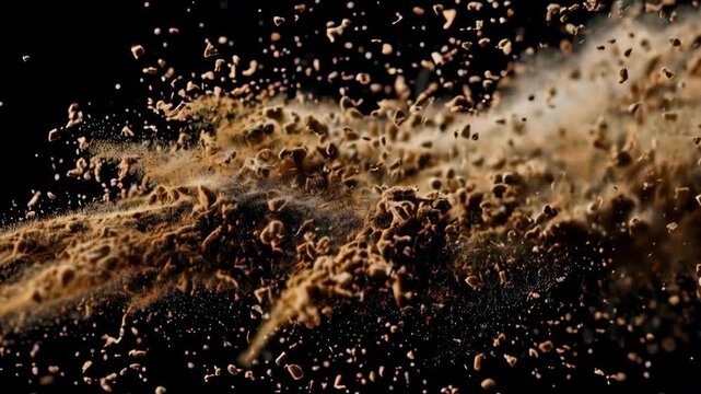 Dramatic Scene of Brown Dust Cloud Exploding Against Black Background
