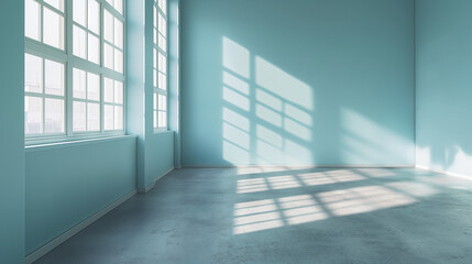 Obraz premium empty room with pastel blue walls, large windows casting soft shadows