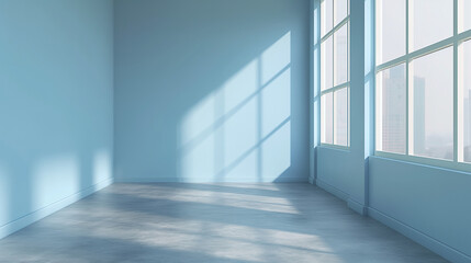 empty room with pastel blue walls, large windows casting soft shadows