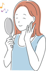 嬉しそうな表情で手鏡を見ている女性のイラスト素材