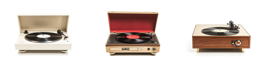 Fototapeta premium Distinctive vinyl record players: a vintage-style white plastic turntable with wooden base and red velvet cover, a brown wood-grained player with cream finish and brass details, and a refined beige re