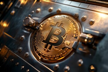 A close-up view of a golden Bitcoin emblem on a metallic surface, symbolizing cryptocurrency and digital finance.