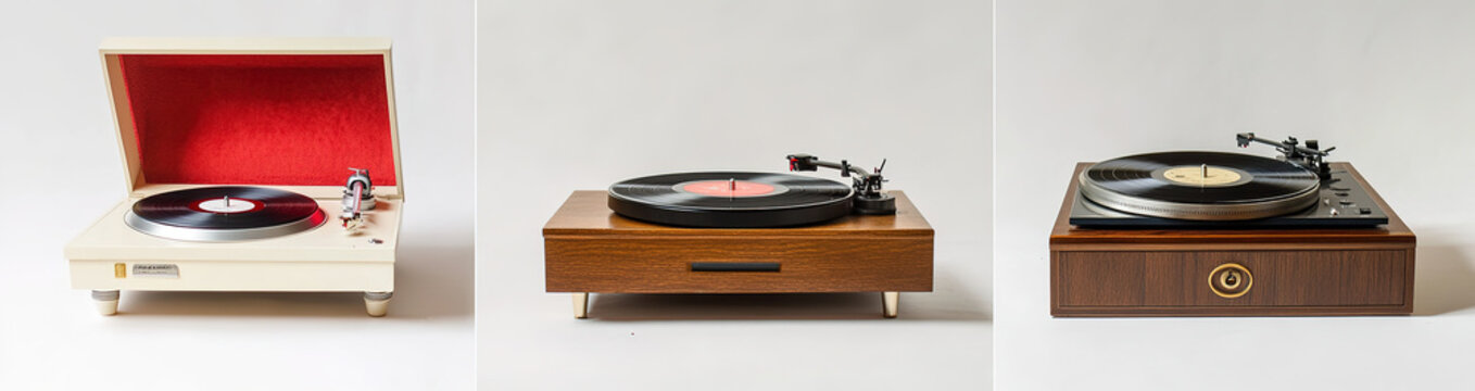 Variety of vinyl record players: a retro white plastic turntable with wooden base and red velvet cover, a sophisticated brown wood-grained model with cream paint and brass accents, and an elegant beig