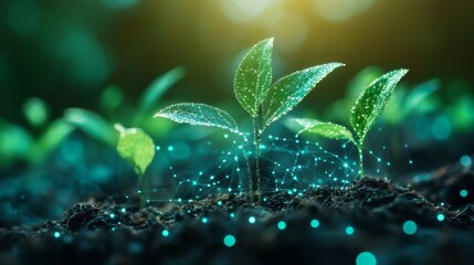 A close-up of young plants sprouting from rich soil, accompanied by glowing digital elements, symbolizing growth, technology, and environmental sustainability