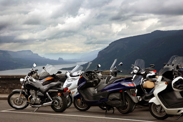 Motorcycles parked on a scenic road along the coast in Oregon USA © Jill Greer