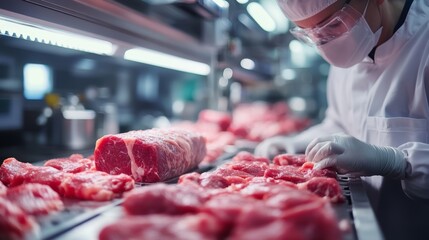A worker in protective gear inspects fresh cuts of meat in a processing facility, ensuring quality and safety in food preparation