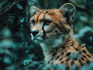 Cheetah with digital code overlay.