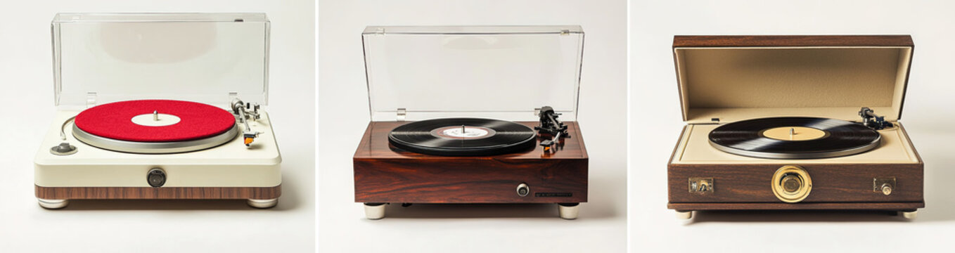 Variety of vinyl record players: a retro white plastic turntable with wooden base and red velvet cover, a sophisticated brown wood-grained model with cream paint and brass accents, and an elegant beig