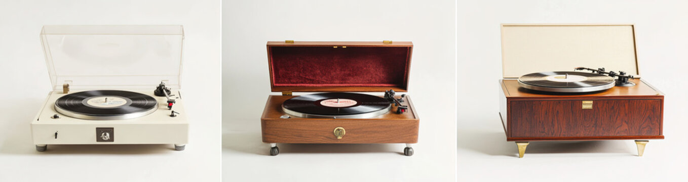 Variety of vinyl record players: a retro white plastic turntable with wooden base and red velvet cover, a sophisticated brown wood-grained model with cream paint and brass accents, and an elegant beig