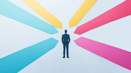Silhouette of a person standing at the convergence of colorful arrows, symbolizing choices or directions in a modern, minimalist style.