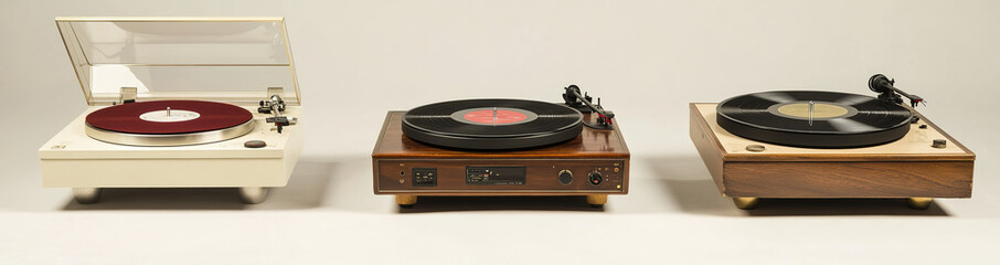 Obraz premium Three unique vinyl record players: vintage white plastic turntable with wooden base and red velvet cover, classic brown wood-grained player with cream paint and brass details, and elegant beige record