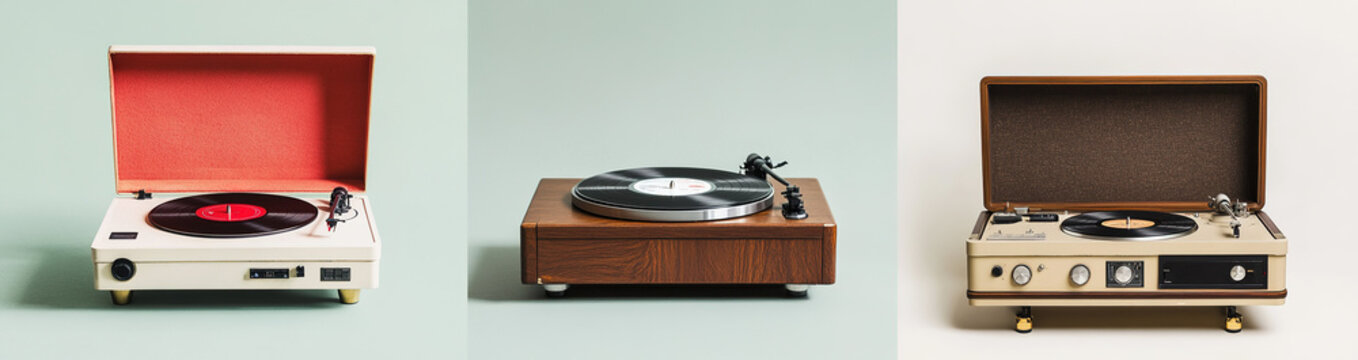 Three unique vinyl record players: vintage white plastic turntable with wooden base and red velvet cover, classic brown wood-grained player with cream paint and brass details, and elegant beige record