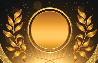 Golden laurel wreath award isolated on black background. Vector realistic illustration of winner medal shining in yellow plant frame, shimmering particles and light rays effect, round champion emblem