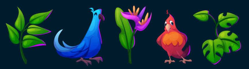 Tropical birds and plants set isolated on black background. Vector cartoon illustration of cute blue and red parrots, green tropical branches with leaves and purple flower, rainforest design elements