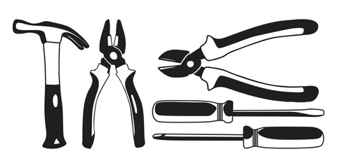pliers, hammer and screwdriver black and white vector, line art, unchangeable outline