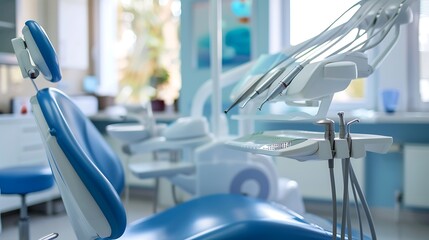 Fototapeta premium Modern dental chair with its instruments and equipment, showcasing a clean and professional environment for dental care.
