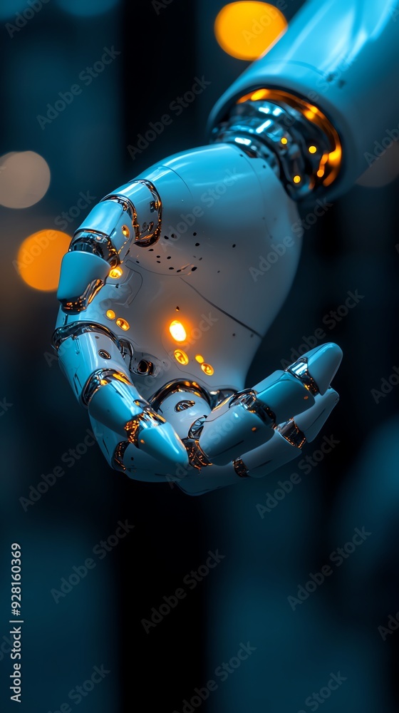 Poster close-up of a robotic hand with glowing lights.