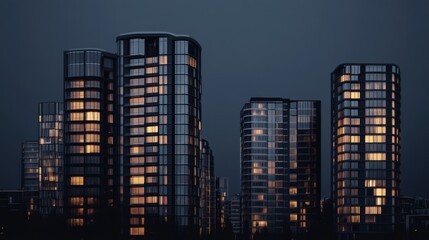Modern high-rise buildings with lit windows against a dark sky.