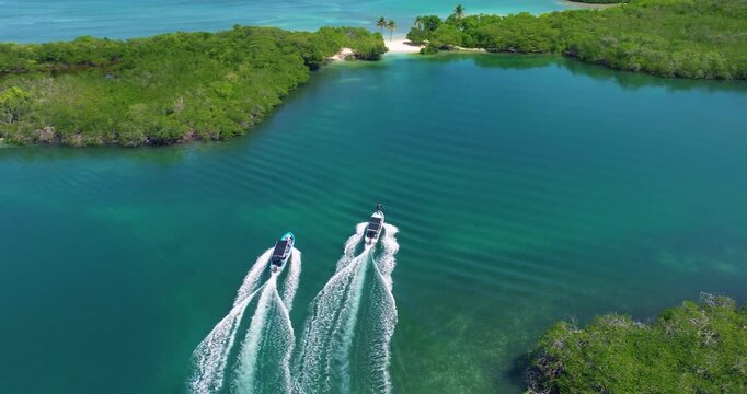 Boats Navigating On Island Lagoon In Morrocoy National Park, Venezuela. aerial shot