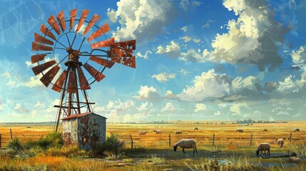 old windmill in a vast, open field with grazing sheep