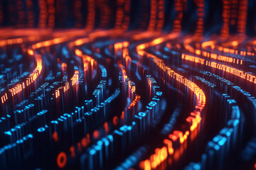 Fototapeta premium Flowing lines, binary code, and network connections create an abstract representation of big data