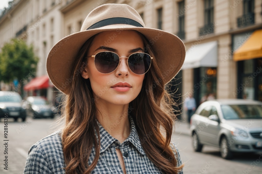 Wall mural outdoor fashion photo of young beautiful lady in hat and sunglasses