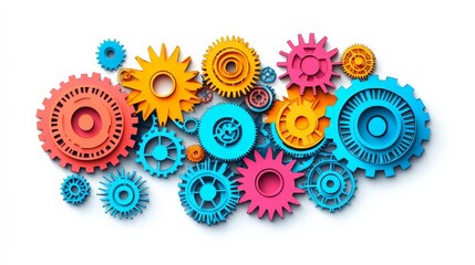 Colorful gears and cogs in a white background representing teamwork, innovation, and engineering. Abstract industrial background.