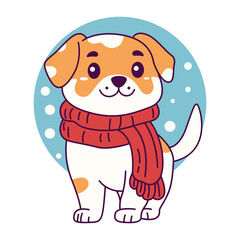 Cute Puppy Dog Pet Animal Wearing Scarf in Snow Winter Season with Happy Expression