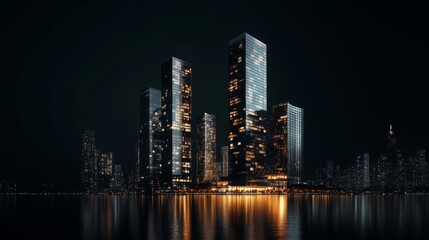 Illuminated skyscrapers reflect in dark water of a city at night.