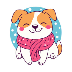 Cute Puppy Dog Pet Animal Wearing Scarf in Snow Winter Season with Happy Expression